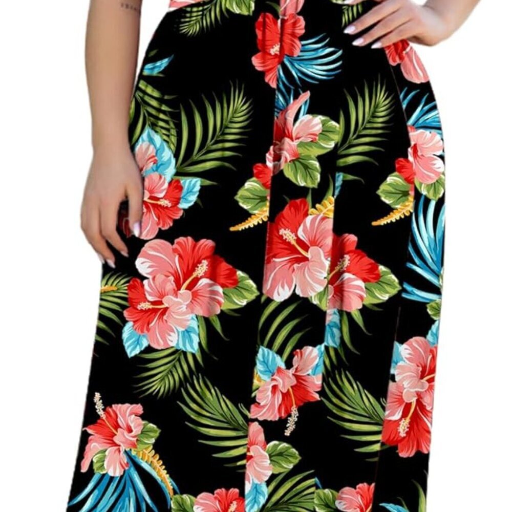 Women's Plus Size Maxi Dress Rayon Spandex V-Neck Pockets Casual Summer - Picture 2 of 5